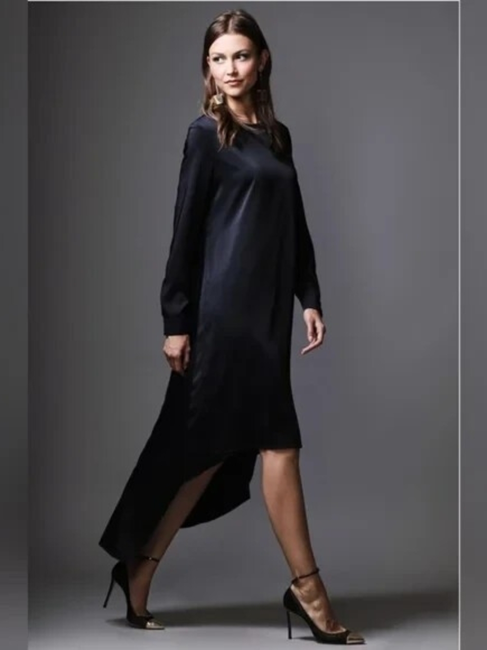 Elegant Dark Grey High-Low Long Sleeve Dress